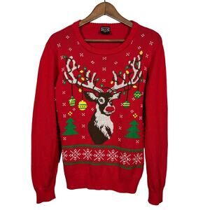 Well Worn Holiday Sweater Rudolph Christmas Red Crewneck Lightweight - L